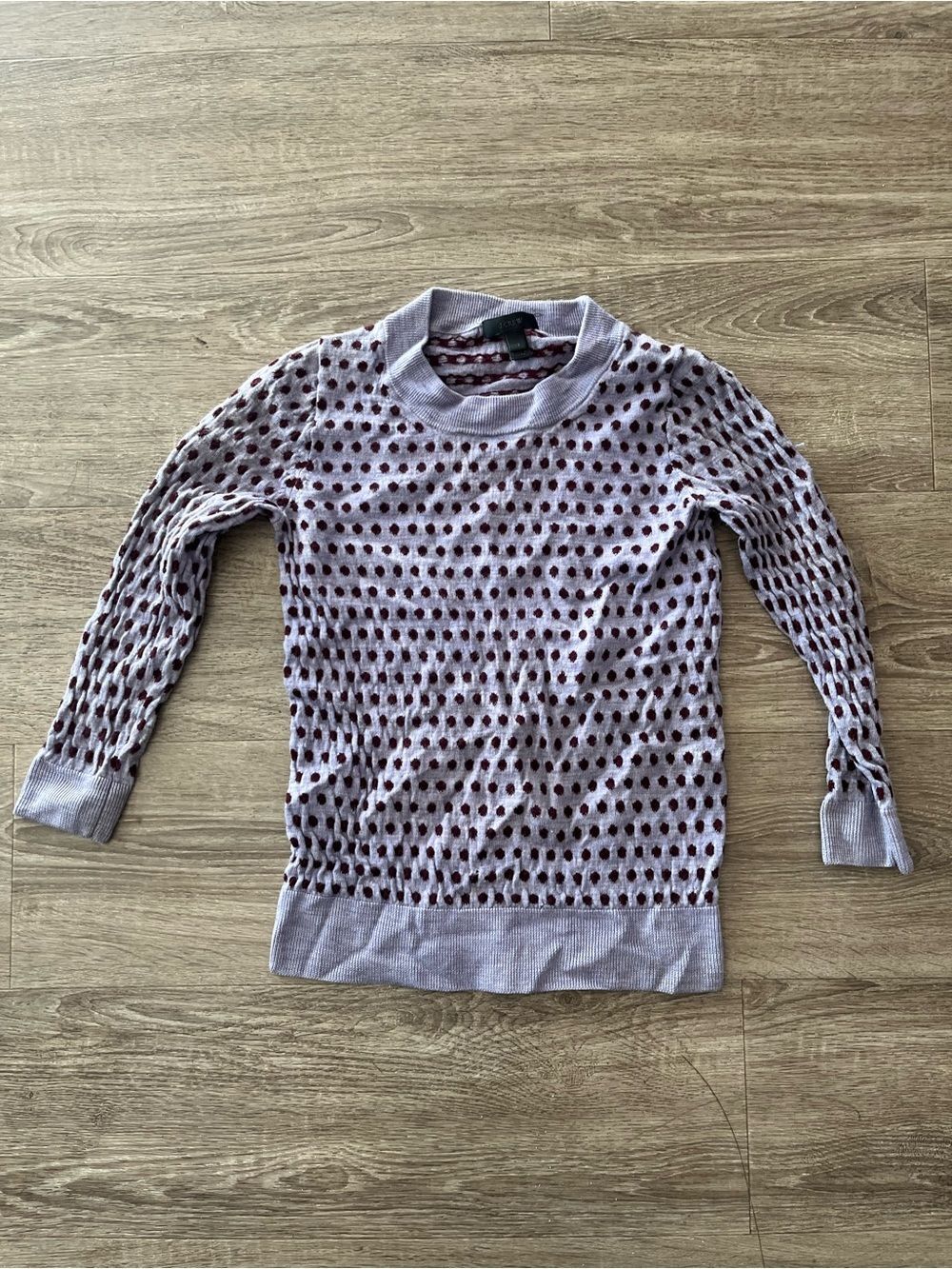 J.Crew 100% Merino Wool Mock Neck Sweater Womens XS Lavender Burgundy Polka Dot